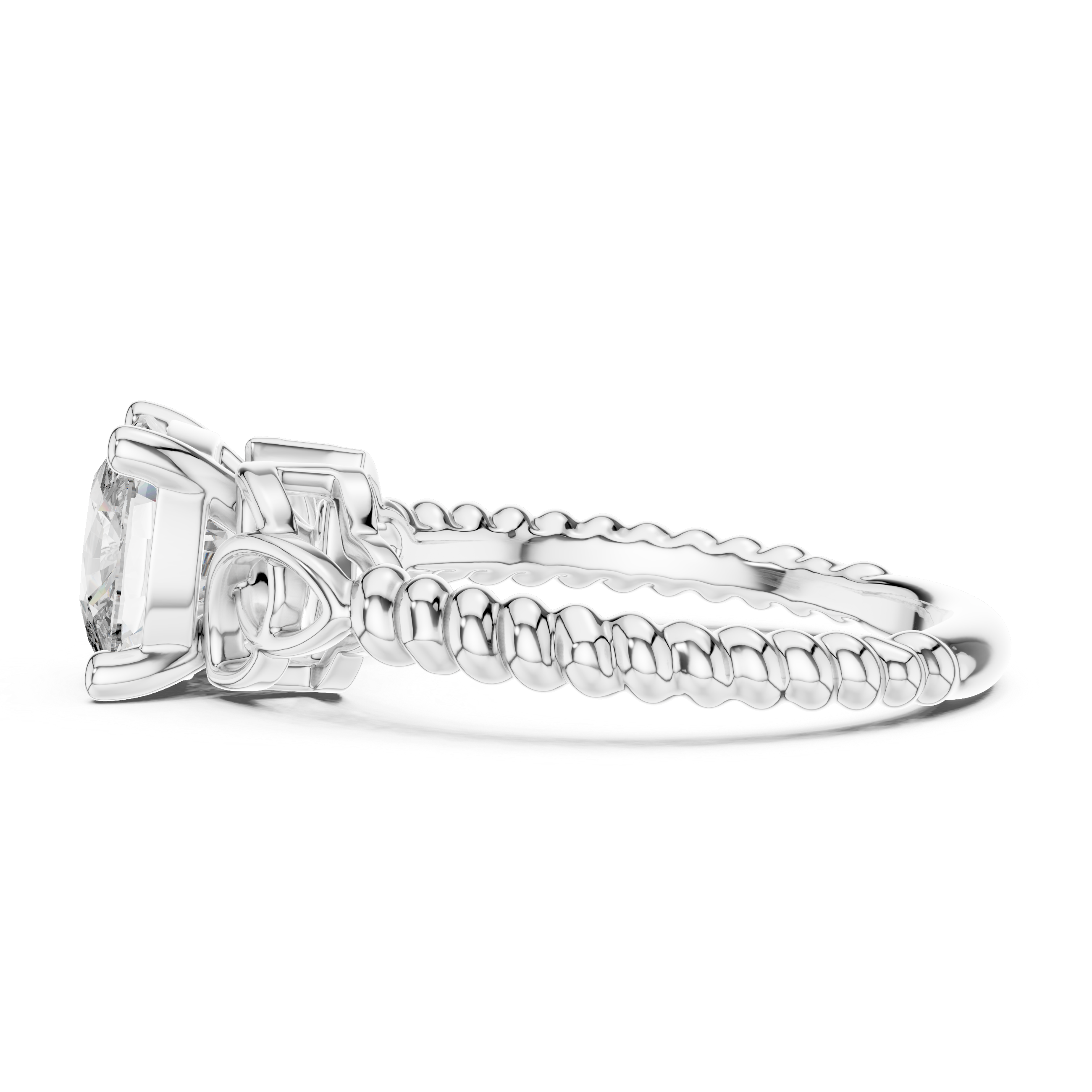 Silver ring with a large diamond and smaller diamonds on the band against a white background